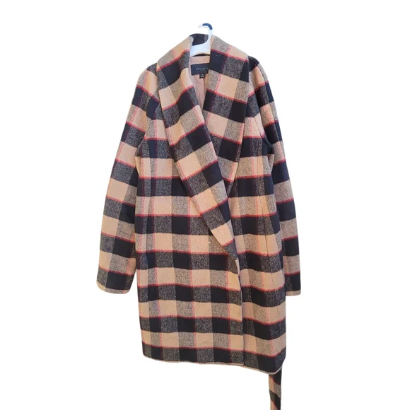 Ann Taylor Buffalo Plaid Wool Belted Shawl Collar Coat - Picture 3 of 7
